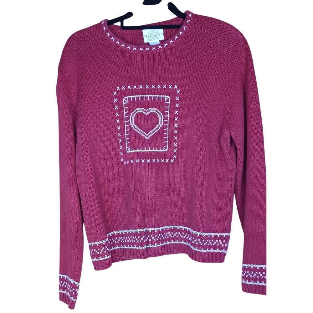 VTG Christopher & Banks Large Red Knit Embroidered Heart Sweater Cottagecore